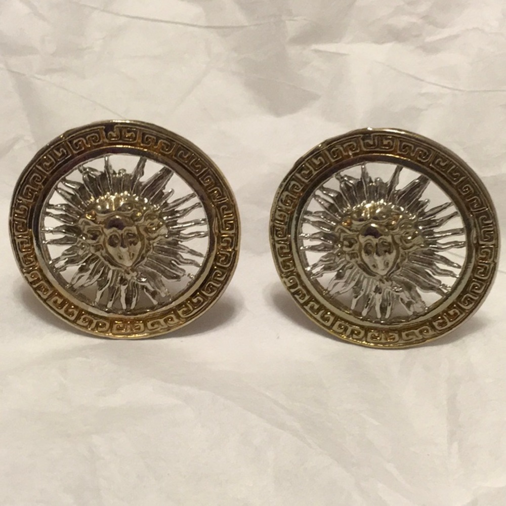 Earrings, silver tone and gold tone, Sun Dial image. CLIP EARRINGS. LIGHTWEIGHT